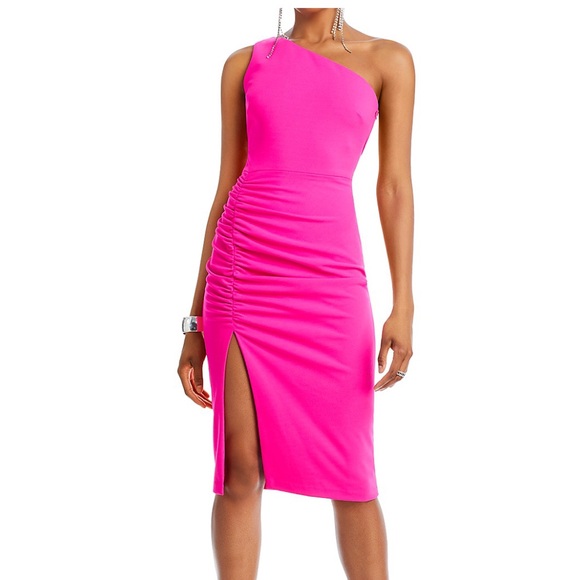 Aqua One Shoulder Ruched Midi Dress - Picture 1 of 5